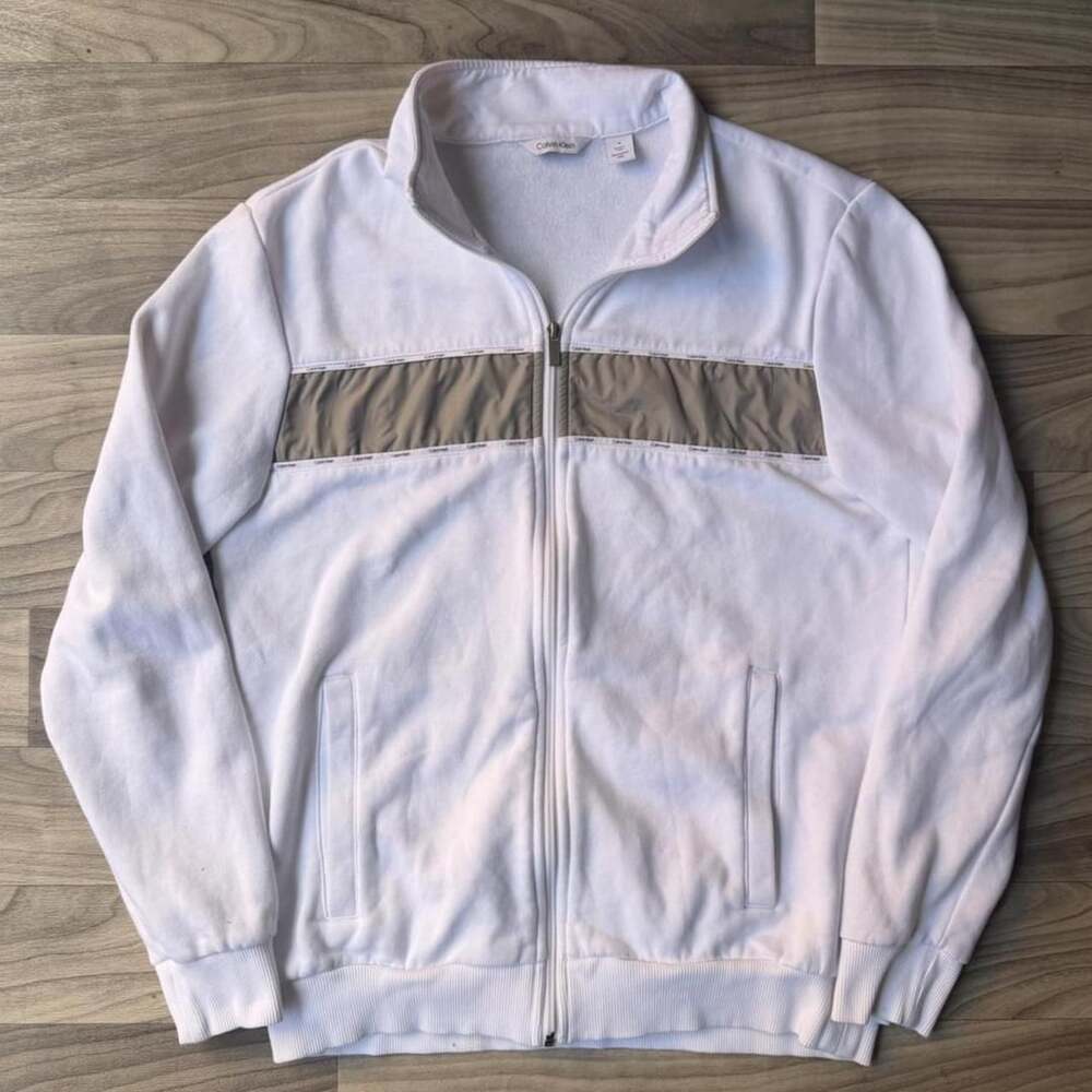 Calvin Klein Full Zip Sweatshirt Size M White Tan Striped Track Jacket